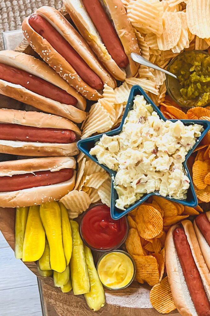 Close-up of patriotic hot dog display