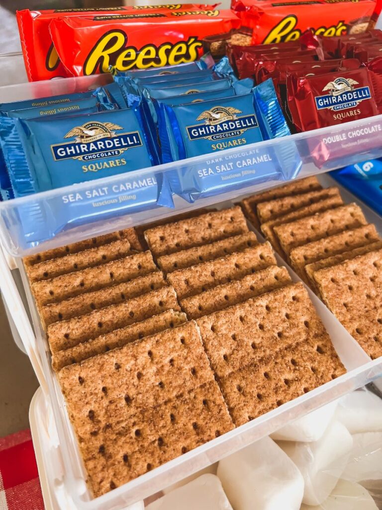 Graham crackers and candy in a S'mores tackle box