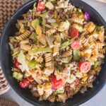Taco Pasta Salad in a black bowl