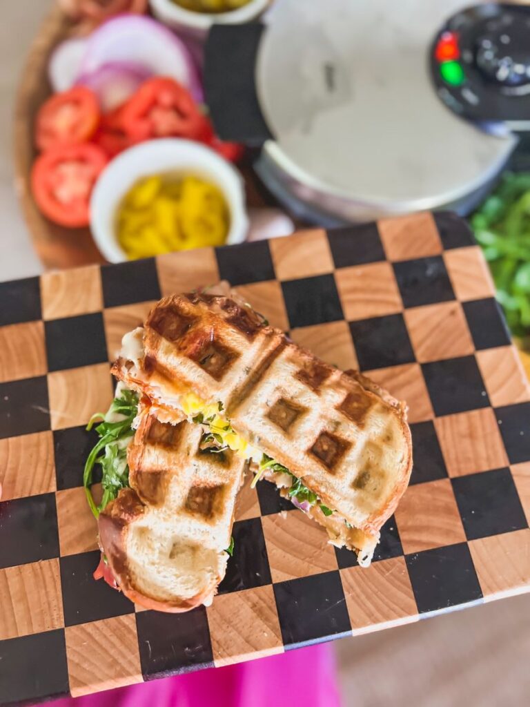 Waffle-wich on a checkered serving board