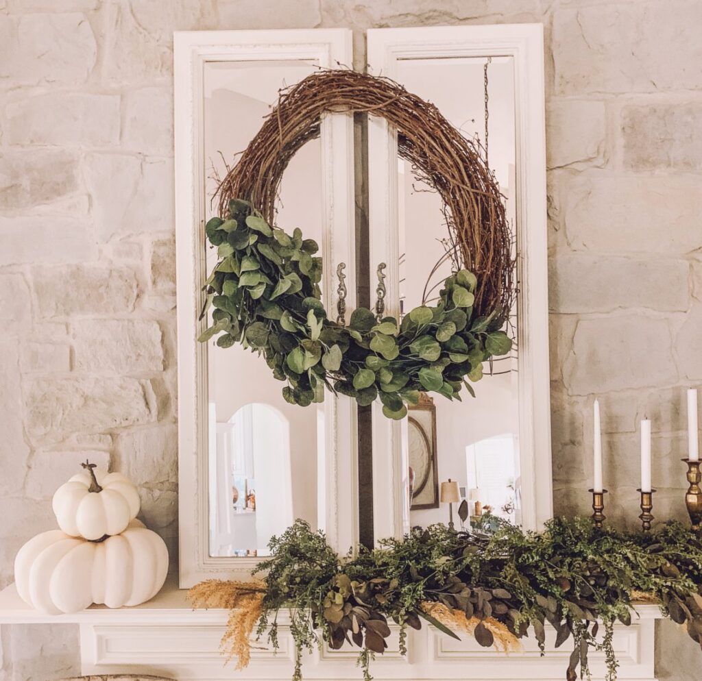 DIY wreath on a fall mantle