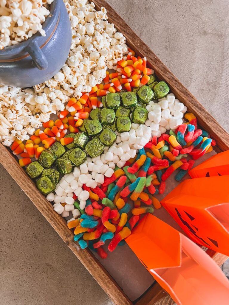 Close-up of candy on a Halloween movie board