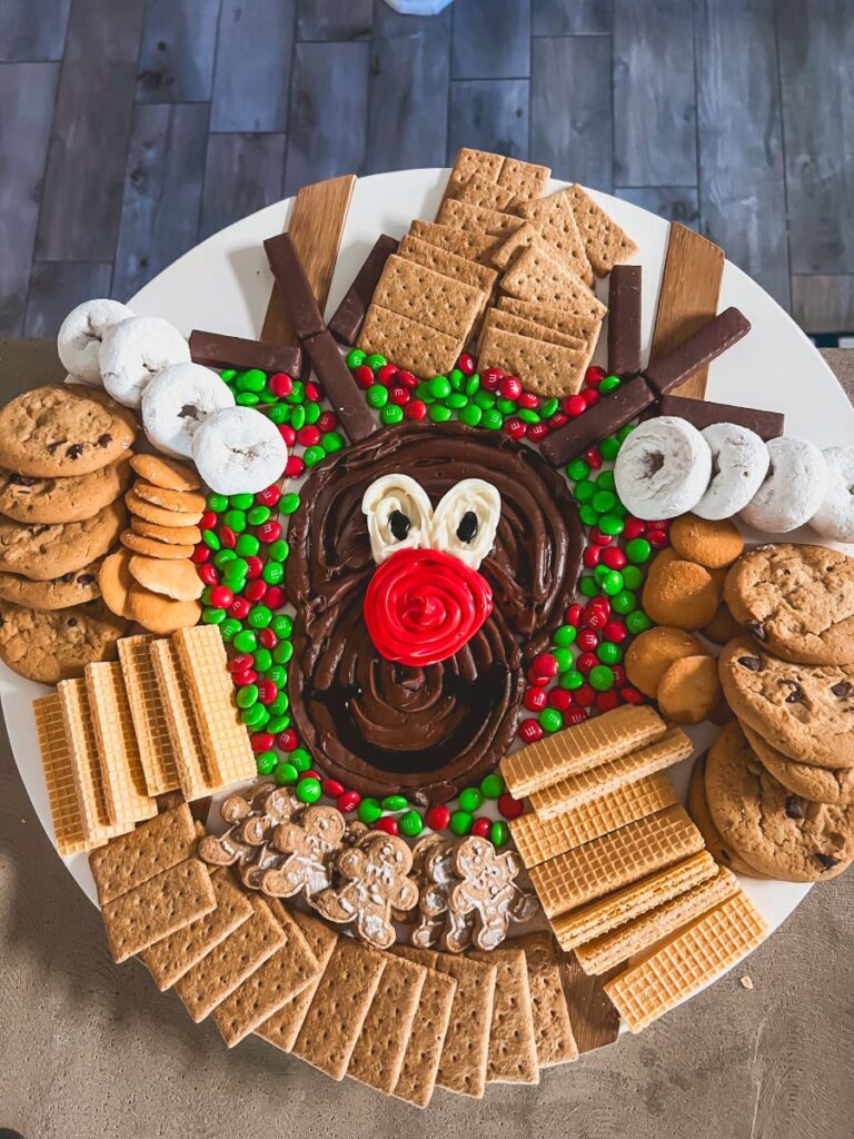 Rudolph Dessert Board made out of buttercream frosting and tasty treats for dipping