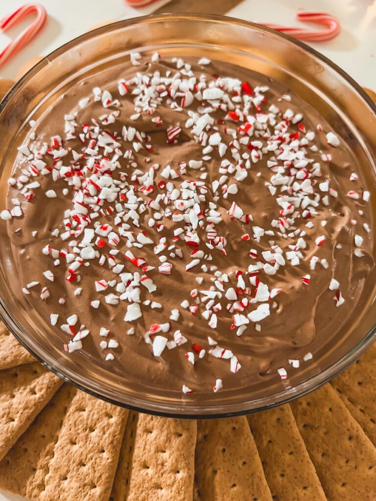 Close-up of Peppermint Mocha Dip surrounded by graham crackers