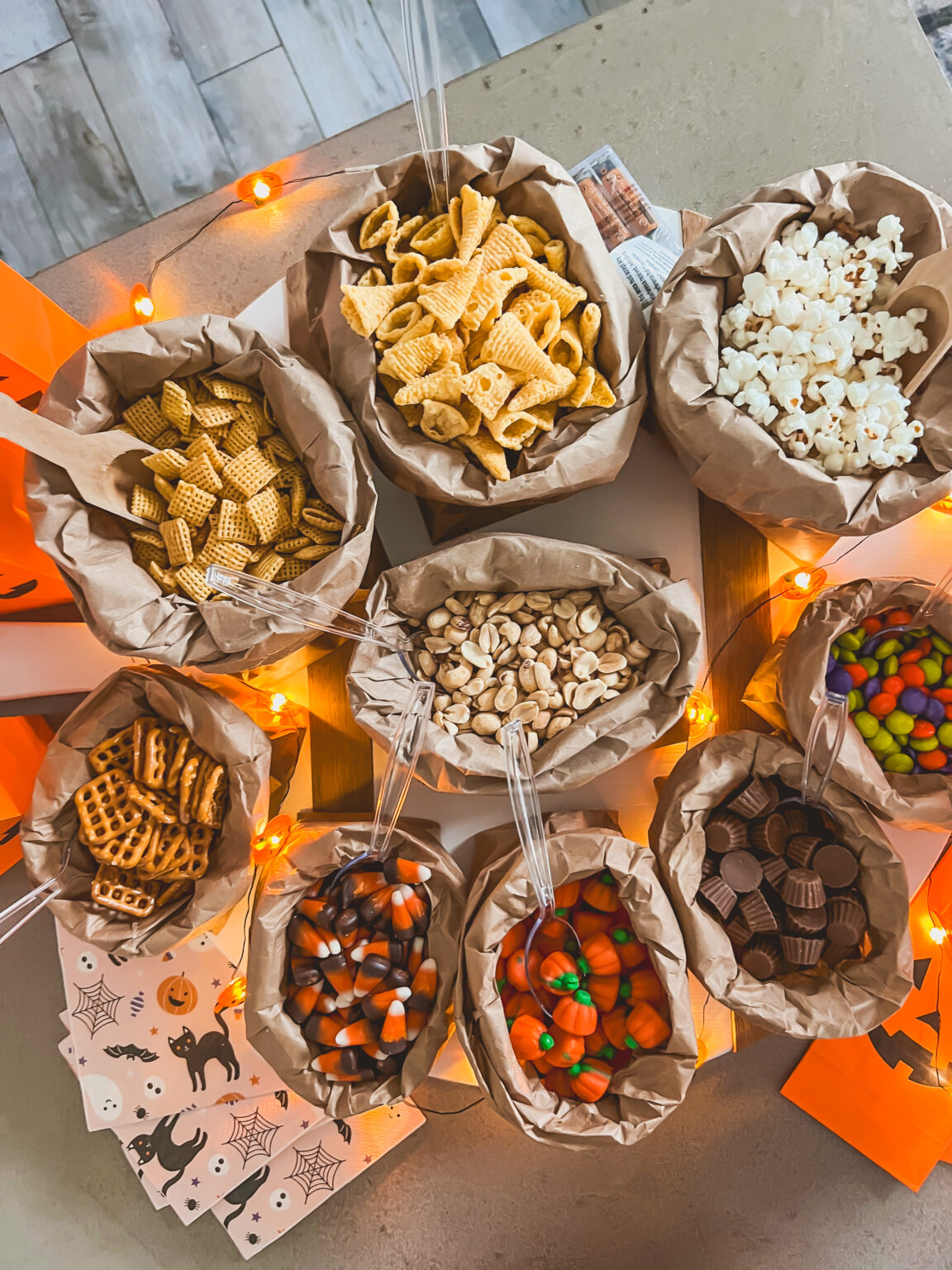 Trail mix ingredients in small bowls