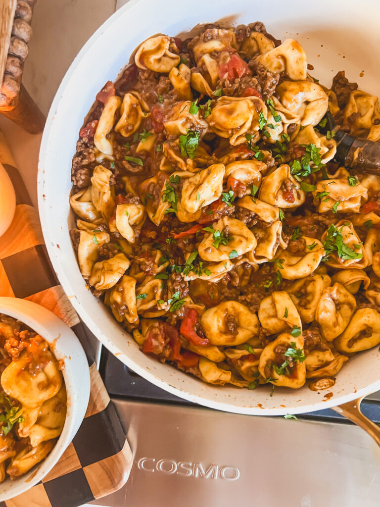 Taco Tortellini in a white bowl