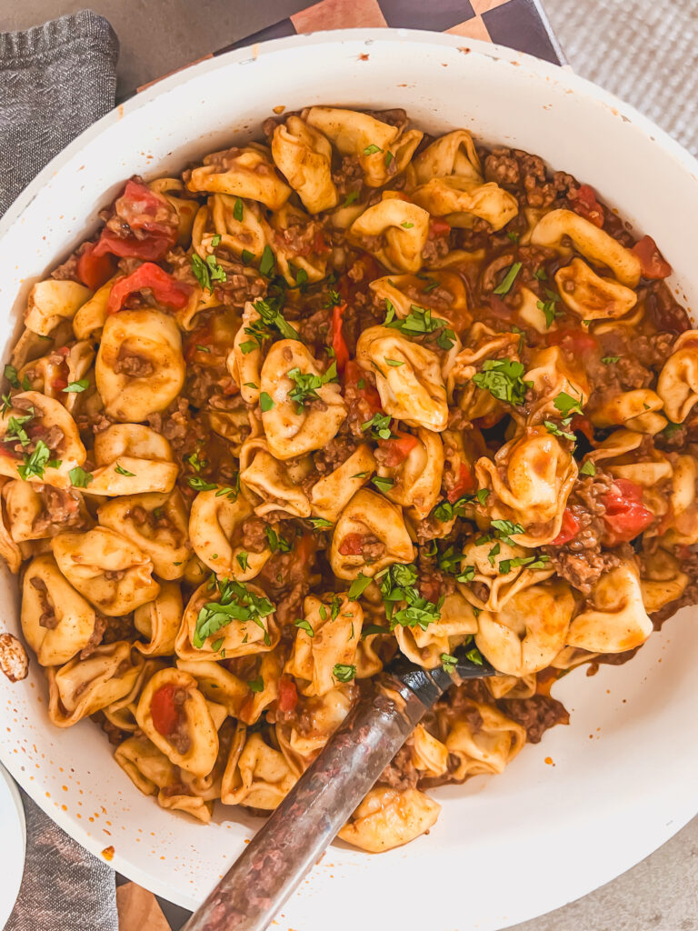 Taco Tortellini in a large white bowl