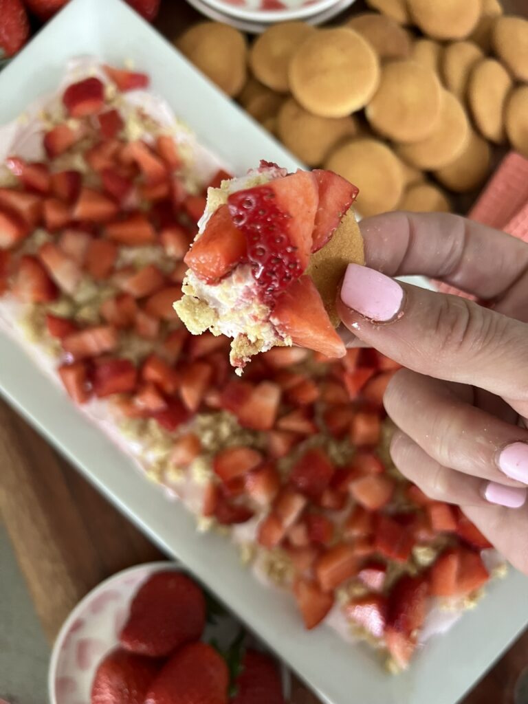 Strawberry Shortcake dip on a Nilla Wafer