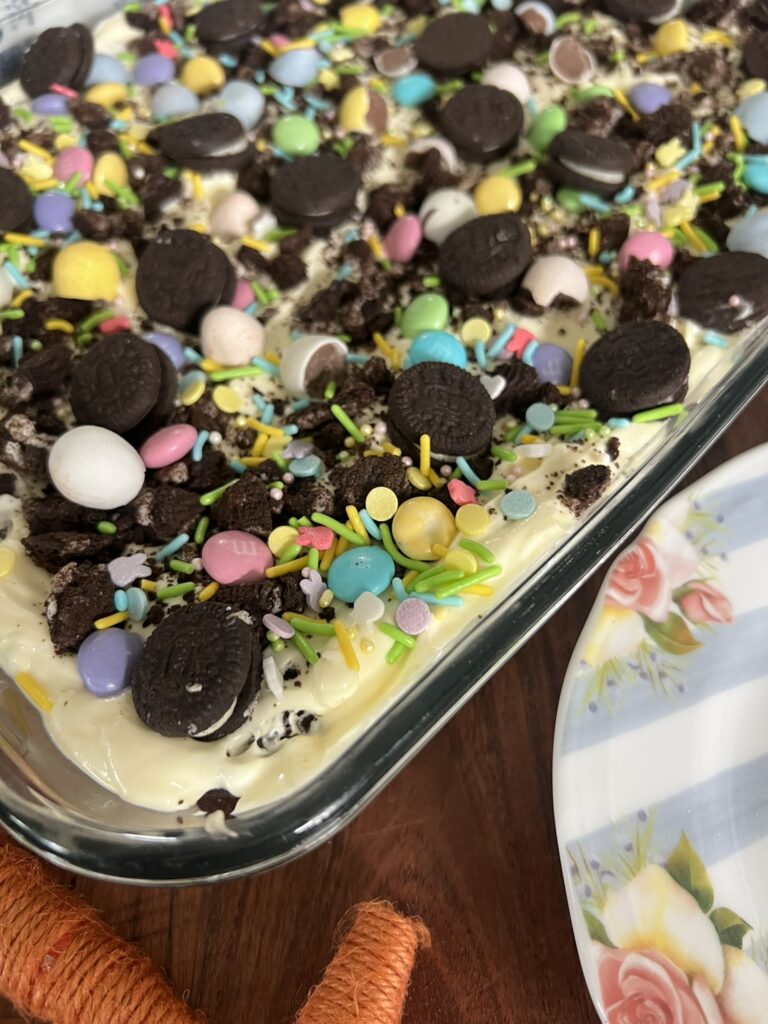 Easter Dirt cake covered in pastel candies