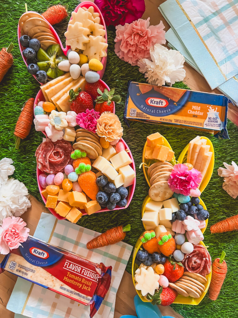 Easter spread with cheese, candy, and fruit