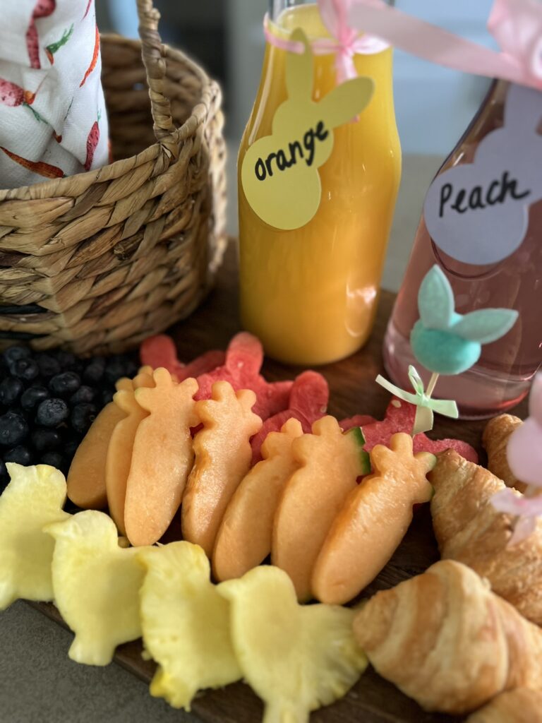 Pineapple and cantaloupe cut into Easter shapes