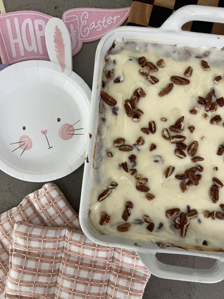 Dump and Bake Carrot Cake next to a bunny plate