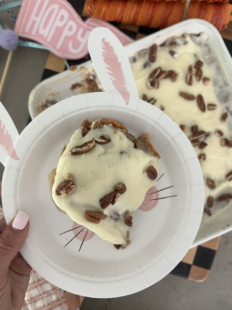 Slice of Dump and Bake Carrot Cake on a Bunny Plate