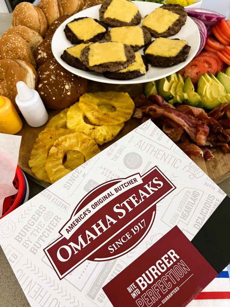 Omaha Steak box with a burger bar spread