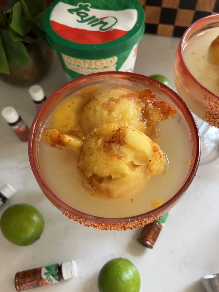 Spicy Mango Margarita Ice Cream Float in a clear glass