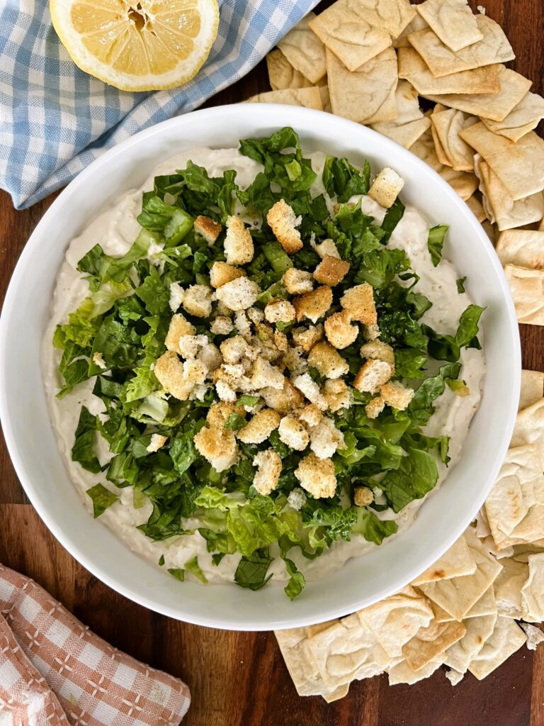 Creamy Caesar Dip surrounded by chips