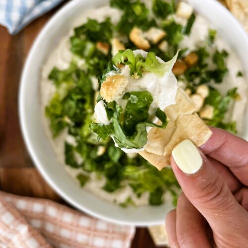 Close-up of Caesar Salad Dip on a chip