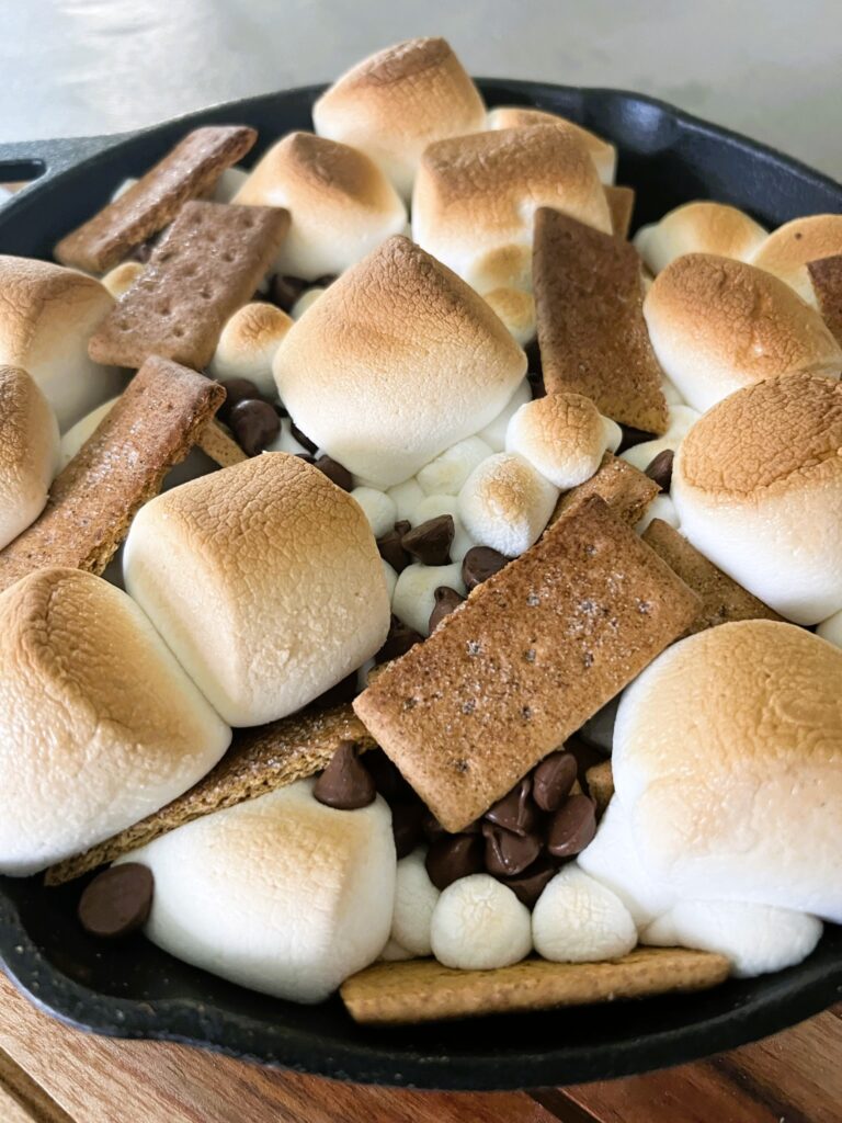 Close-up of S'mores nachos in a skillet