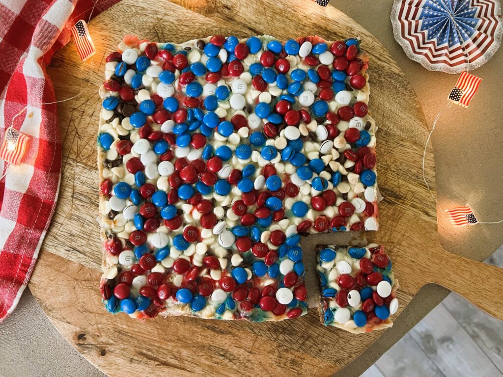 Patriotic Dessert Covered in red, white, and blue candies