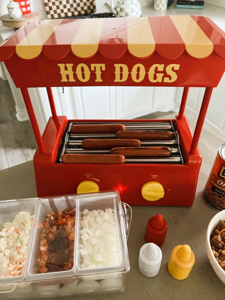 Hot Dog Bar with condiments set up on a kitchen counter
