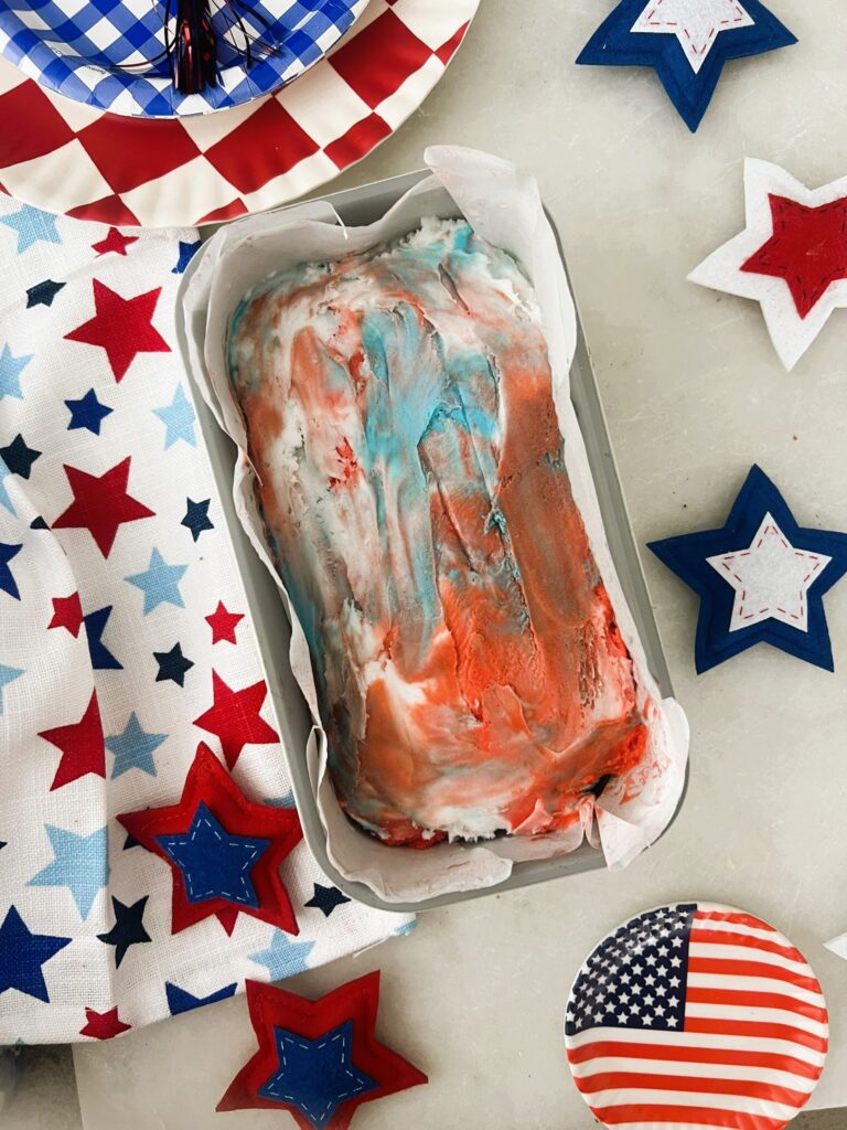 Red, White, and Blue Ice Cream Spread over pound cake