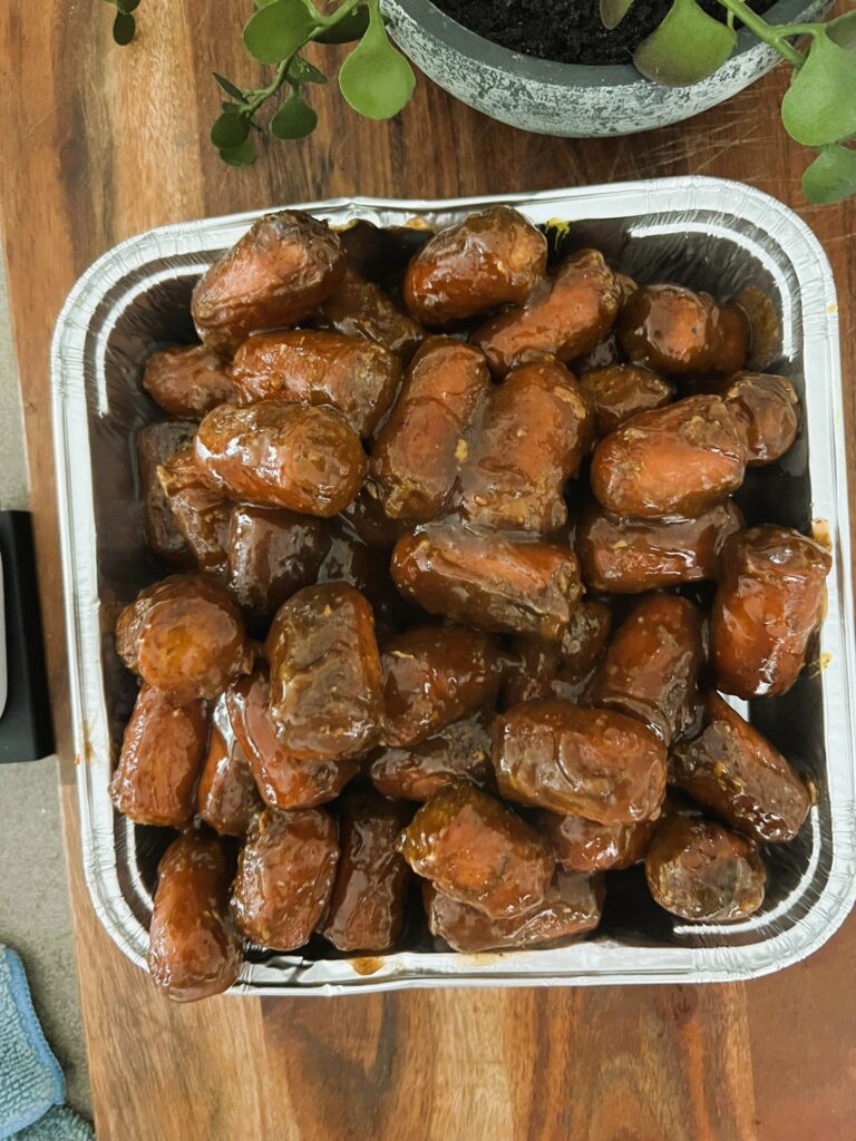 Hot Dog Burnt Ends in a foil tin