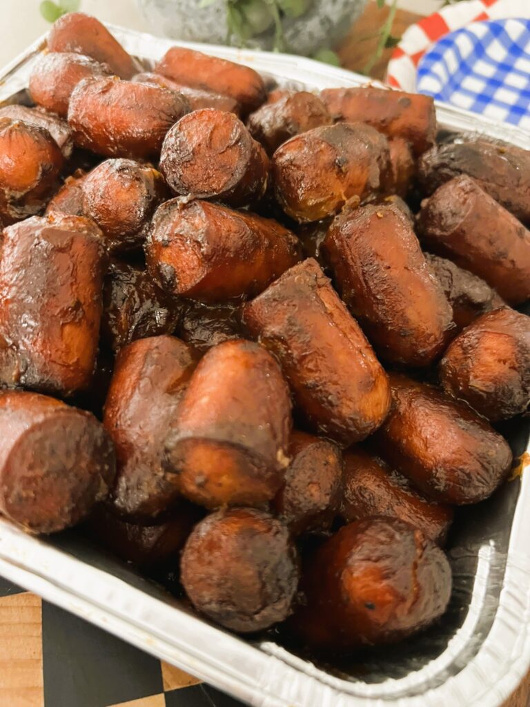 Hot Dog Burnt Ends in an aluminum pan