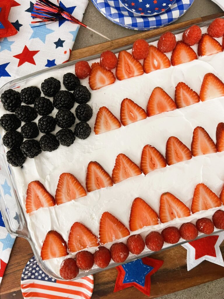No-Bake Cherry Cheesecake shaped like an American flag