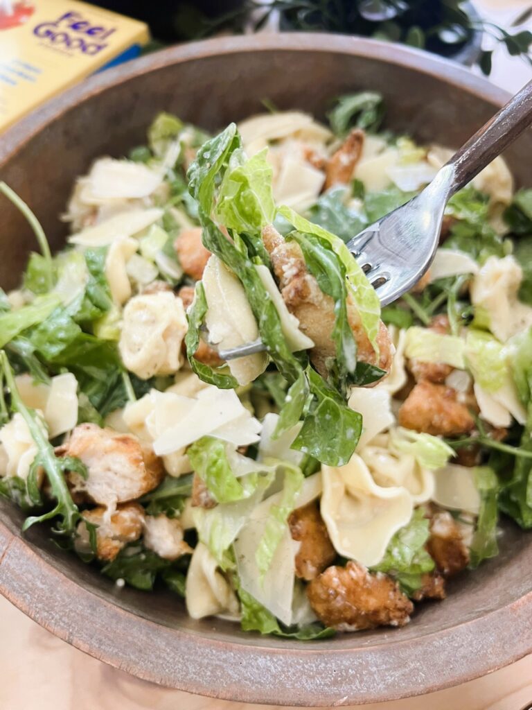 Caesar Tortellini Salad on a fork