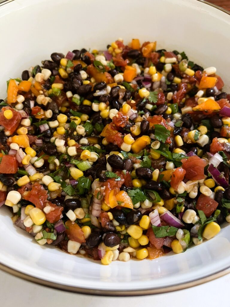 Cowboy Caviar in a floral bowl