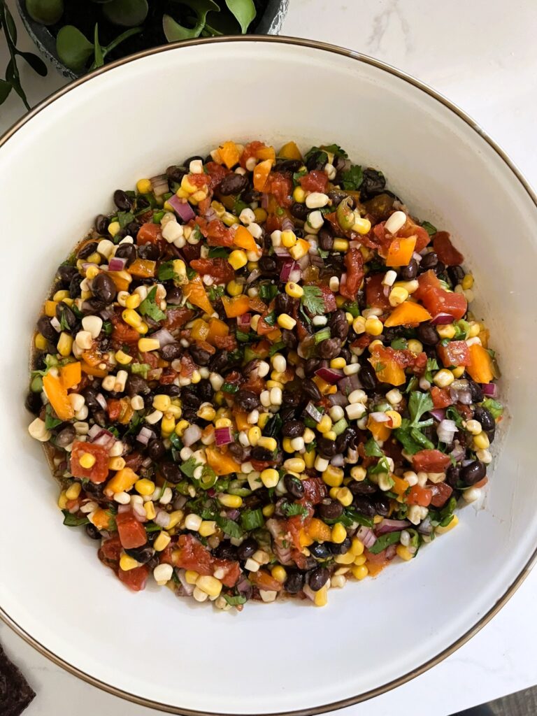 Cowboy Caviar in a floral bowl