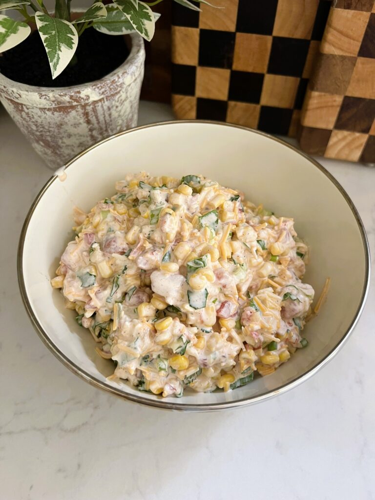 Mexi-Corn Dip in a floral bowl