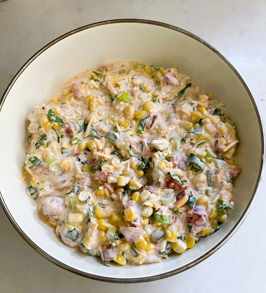 Mexi-Corn Dip in a floral bowl