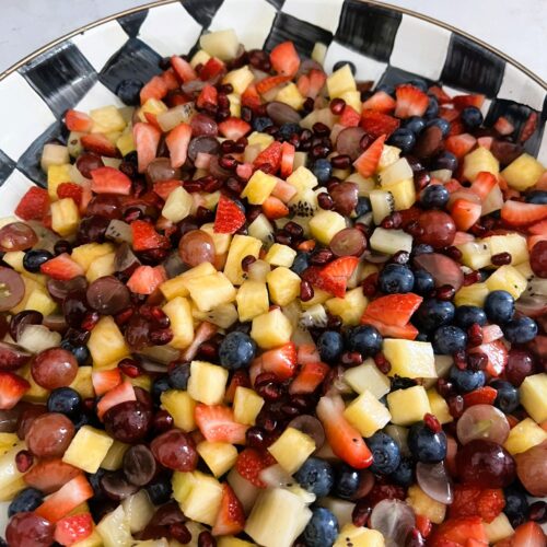 Fruit Salad in a black-and-white checkered bowl