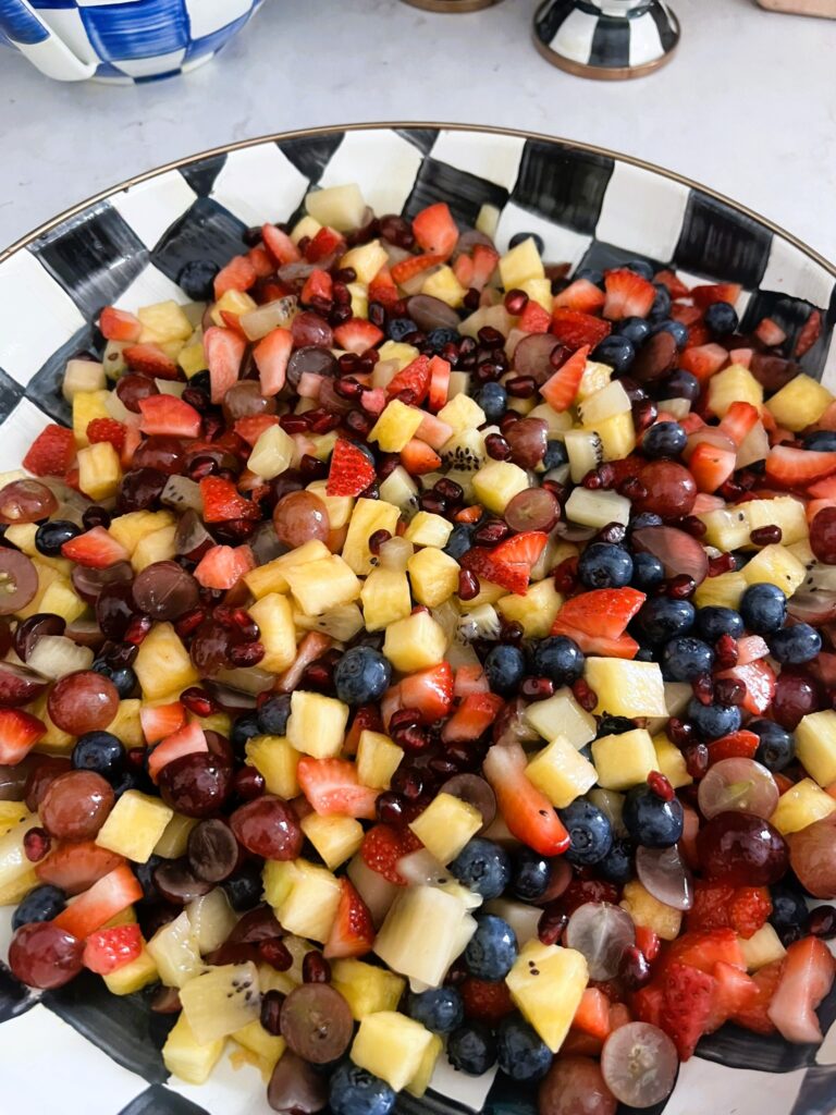Fruit Salad in a black-and-white checkered bowl