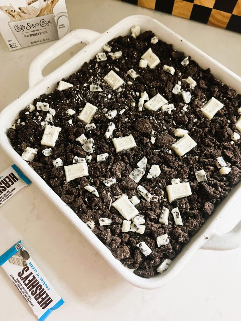 Close-up of Cookies 'n' Creme Cocoa Bars in a white baking dish