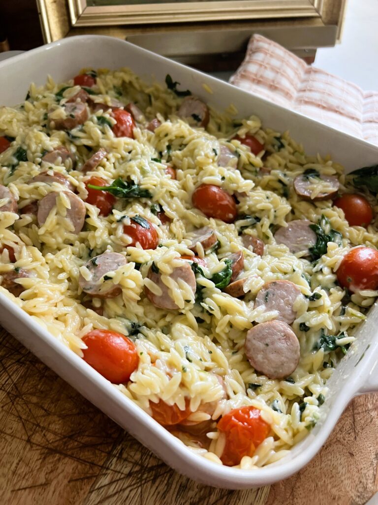 Viral spinach and artichoke orzo bake