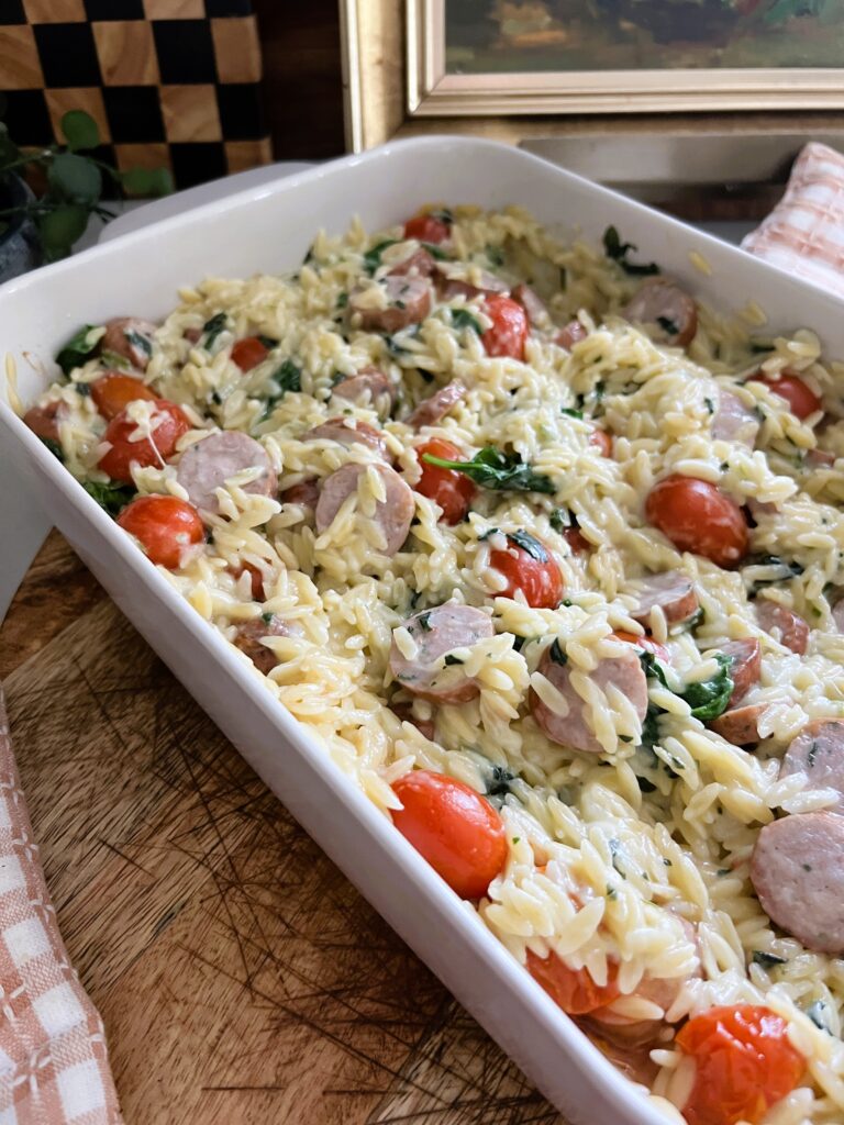 spinach and artichoke orzo bake