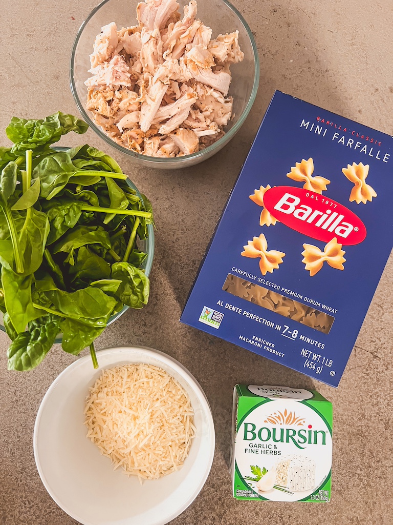 Ingredients for creamy Boursin bow tie pasta with chicken, spinach, and Parmesan