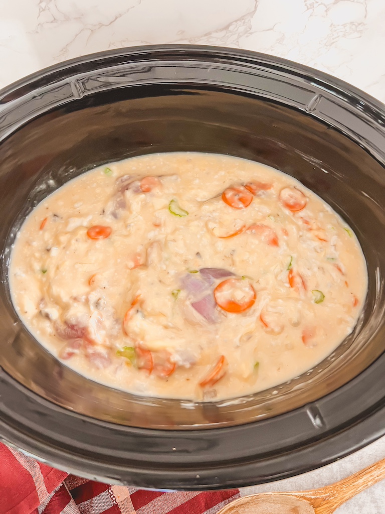 soup in crockpot ready to be cooked