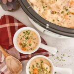 crockpot and bowls full of soup