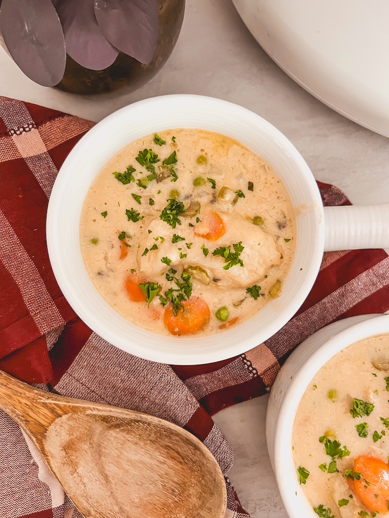 A warm serving of crockpot chicken and dumpling soup topped with parsley in a bowl.