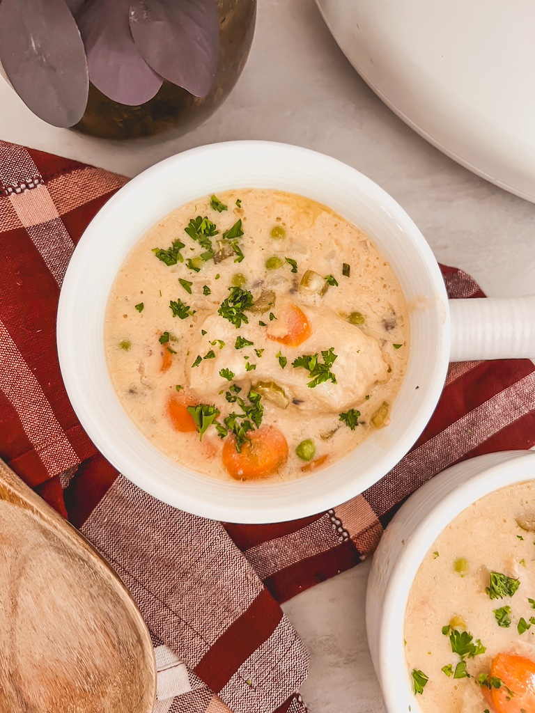 A warm serving of crockpot chicken and dumpling soup topped with parsley in a bowl