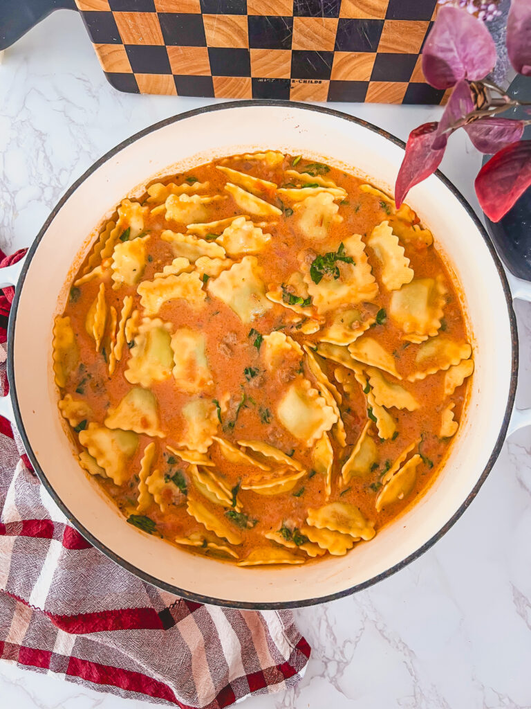 Cozy fall dinner with creamy ravioli soup in one pan