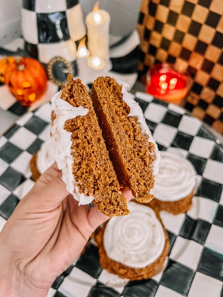 Close-up view showing the soft, fluffy texture of pumpkin spice cookies