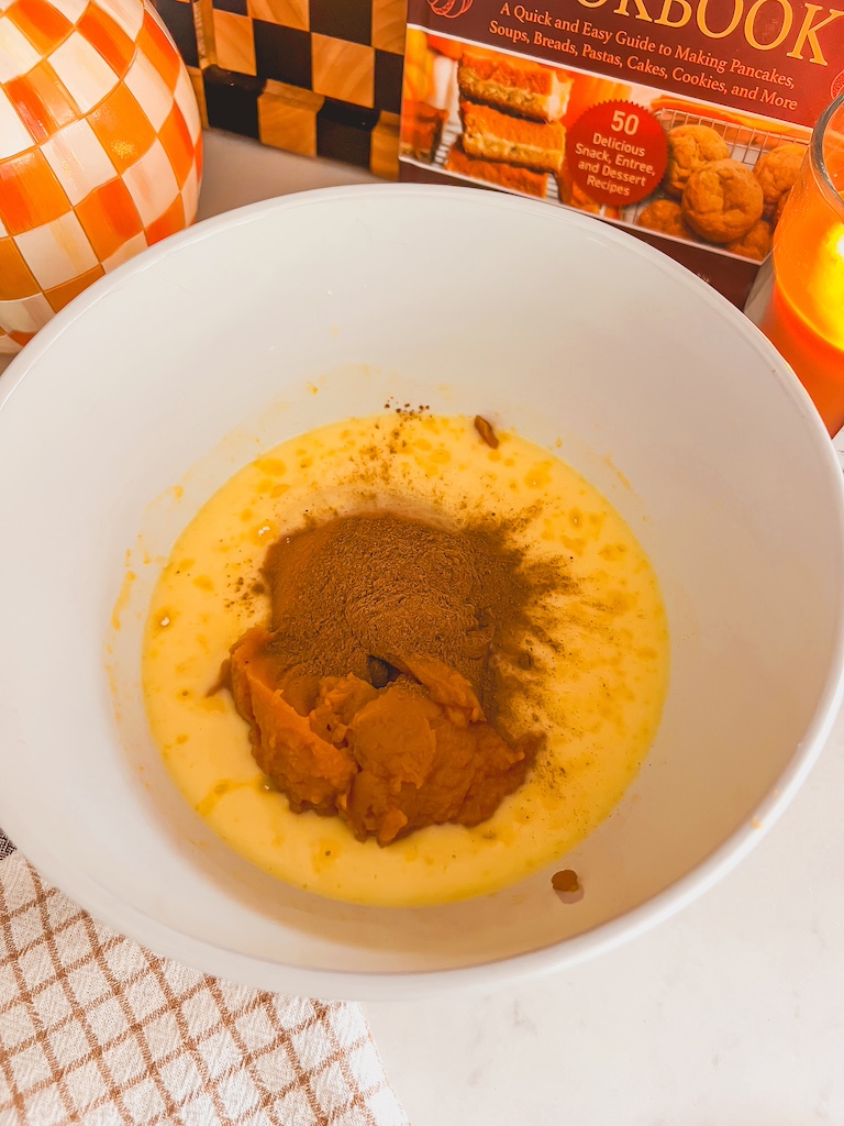 mixing pumpkin purée, pudding, milk, and spice