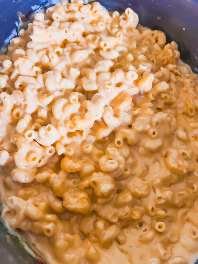 cooked close up of slow cooker mac and cheese