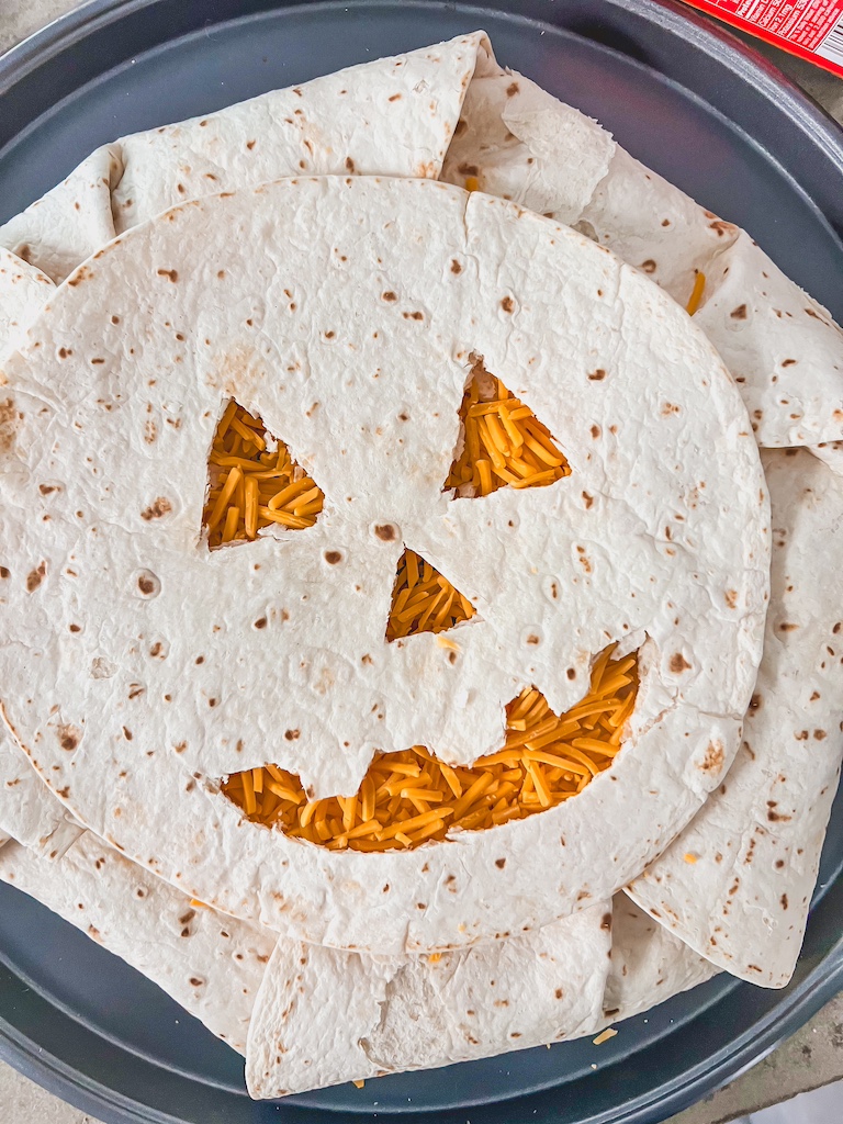 jack-o-lantern face for sheet pan quesadilla