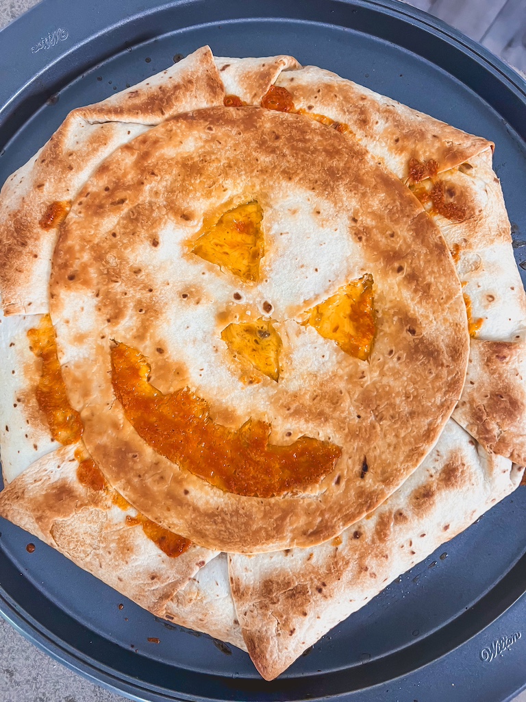 finished cheesy sheet pan quesadilla for halloween