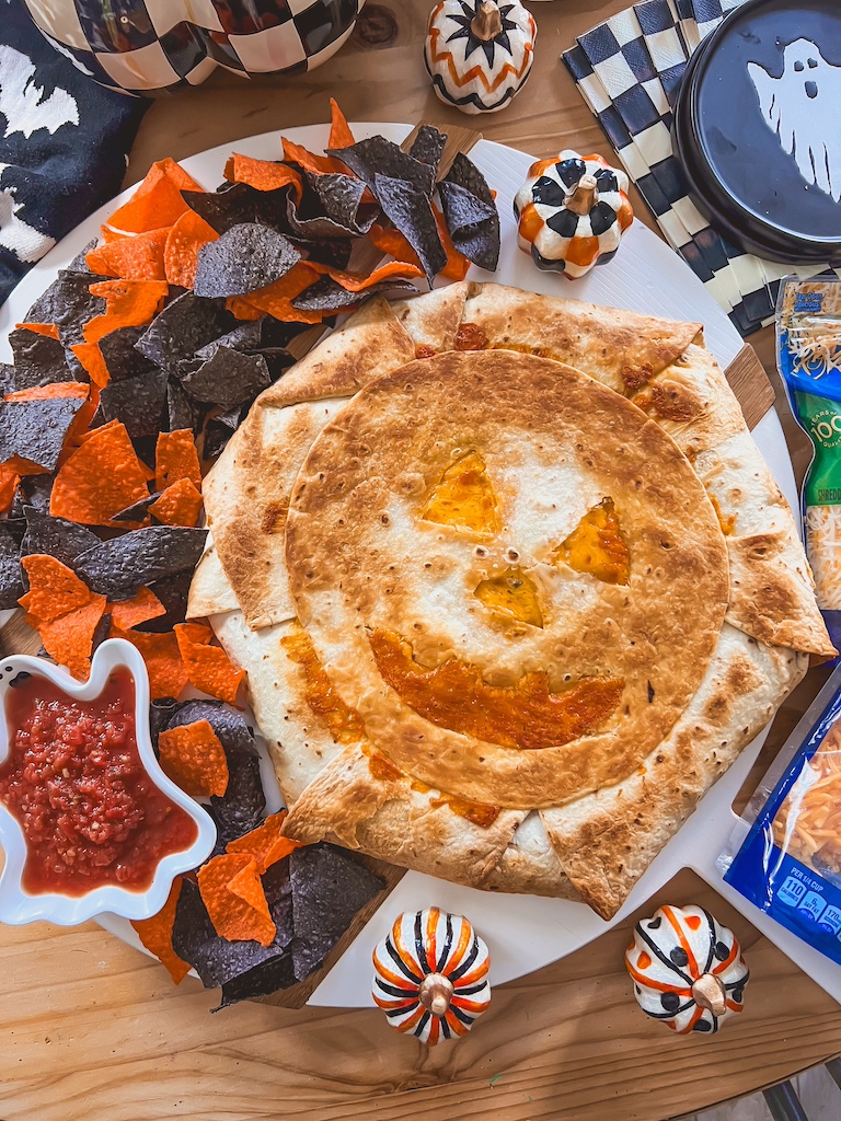easy Halloween dinner of cheesy jack-o-lantern quesadilla made with Kraft cheese